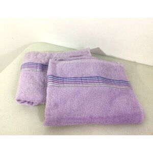 Vintage Purple Bath Towels Stripe Trim Set of 2